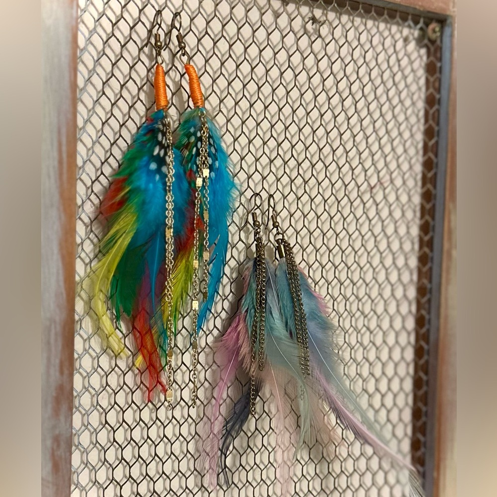 2 Pairs of Beautiful and Colorful Feather Earrings With Gold Chain Accents